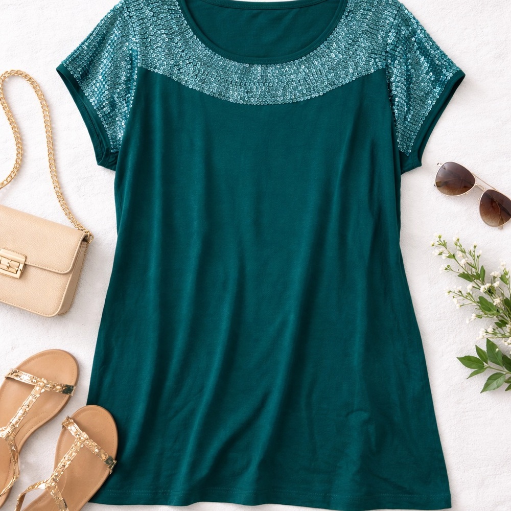 Teal Sequin Tunic Top Plus Size Sparkly Blouse Dressy Casual Holiday Party 2X - Picture 4 of 7